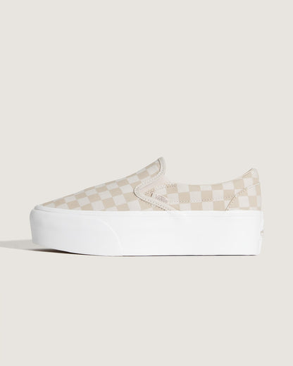 Vans Classic Slip-On Platform Checkerboard Shoe in Checkerboard Mushroom Brown / Marshmallow White