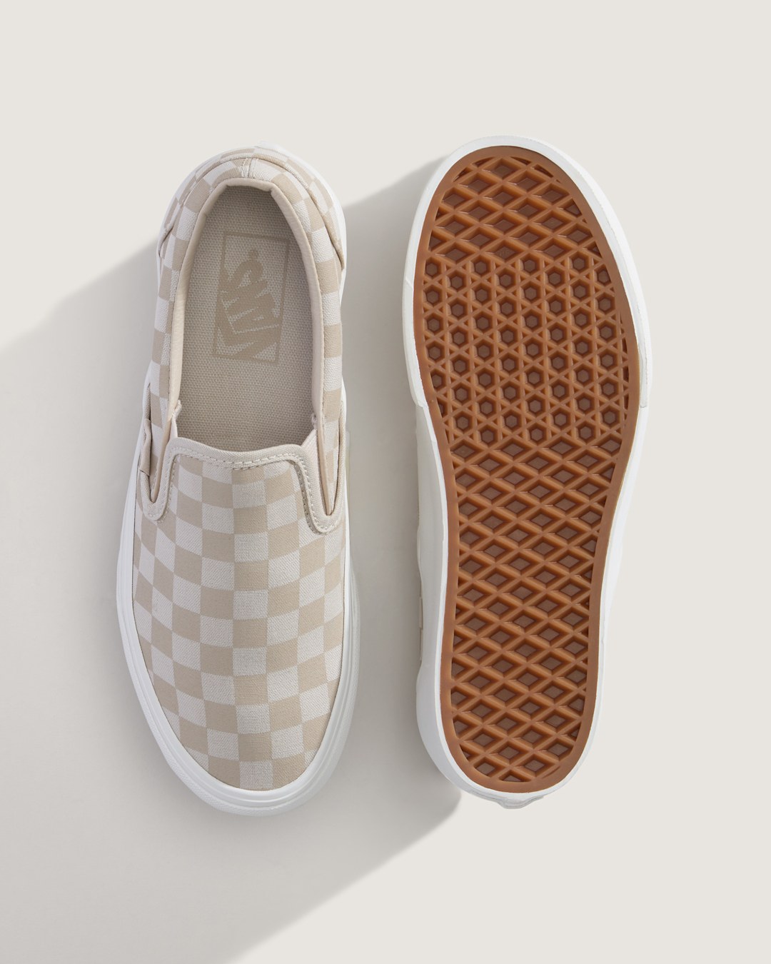 Vans Classic Slip-On Platform Checkerboard Shoe in Checkerboard Mushroom Brown / Marshmallow White