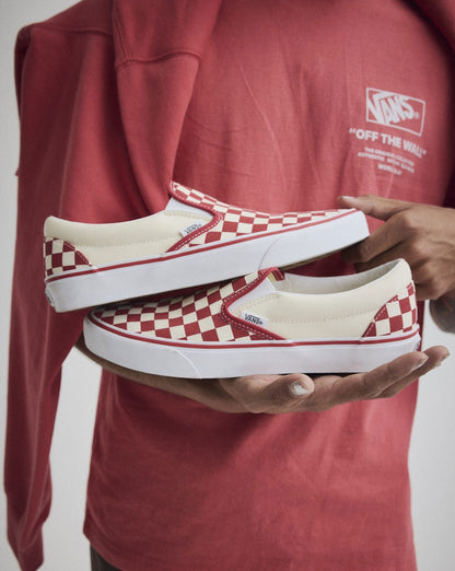 Vans Classic Slip-On Checkerboard Shoe in Racing Red / White