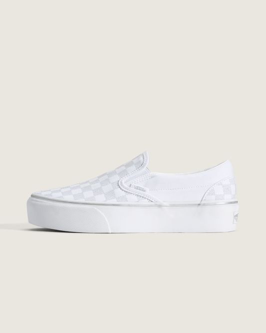 Vans Classic Slip-On Platform Checkerboard Shoe in Checkerboard Silver Grey