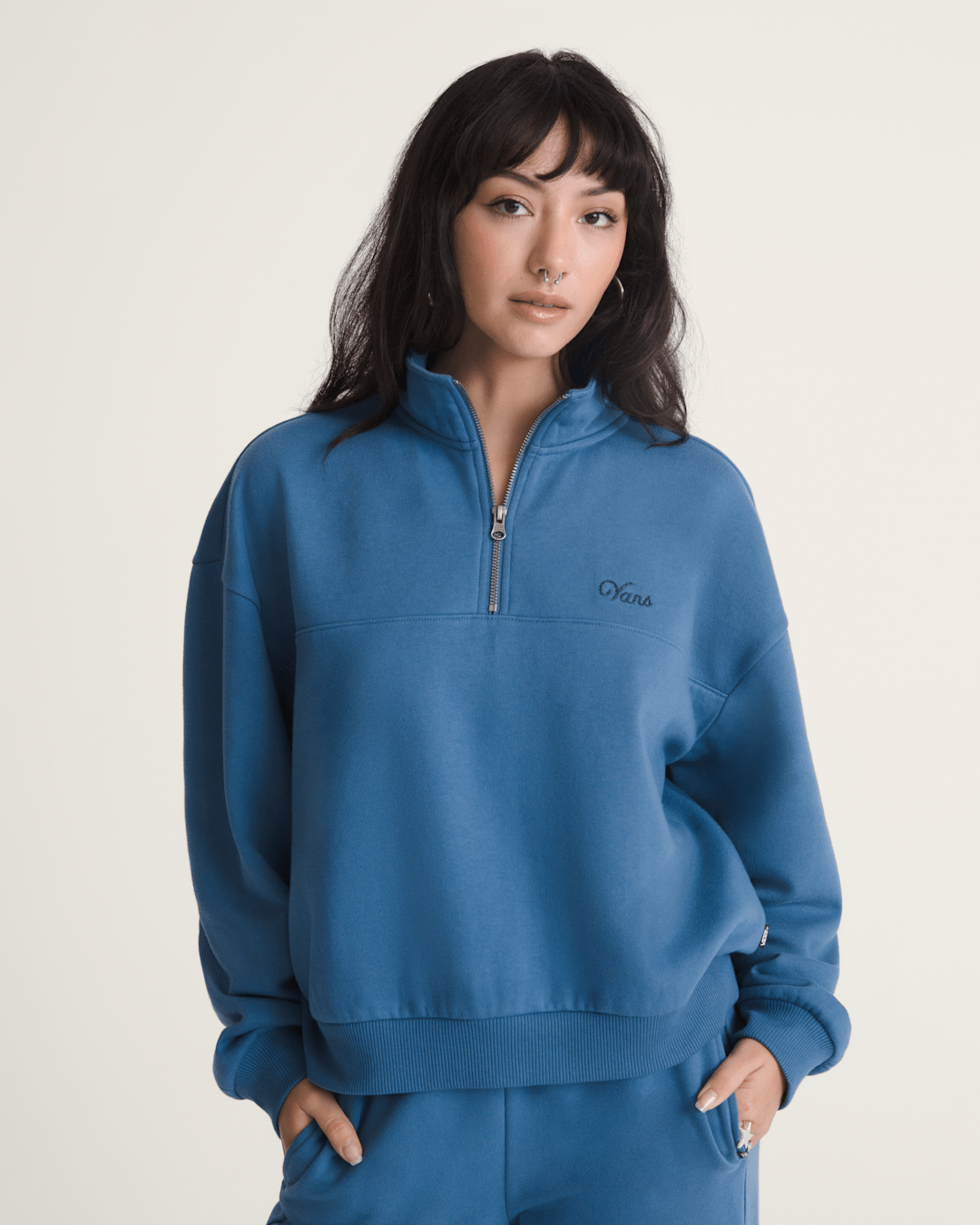 Vans Script Logo Mock Neck Sweatshirt in True Navy Blue