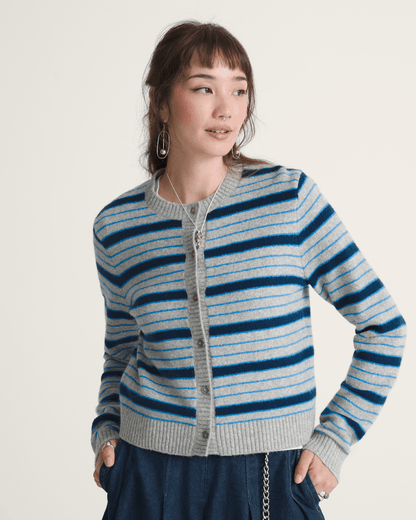 Vans Premium Dolly Stripe Cardigan Sweater in Cement Heather Grey / Bright Azure Blue