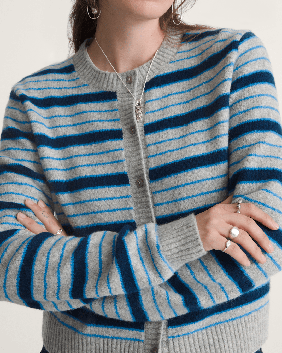 Vans Premium Dolly Stripe Cardigan Sweater in Cement Heather Grey / Bright Azure Blue