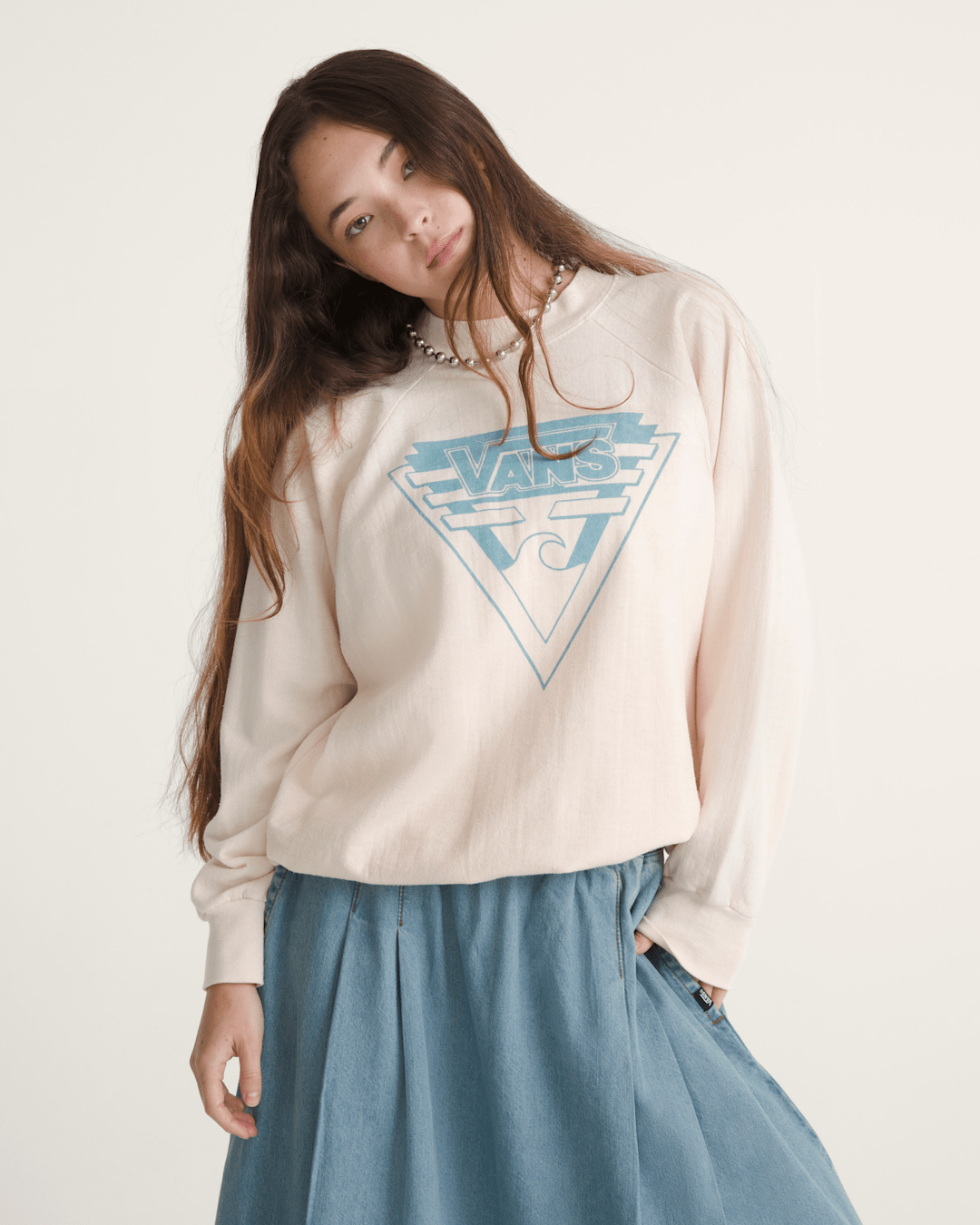Vans Waffle Shop Wave Blend Crewneck Sweatshirt in Marshmallow White