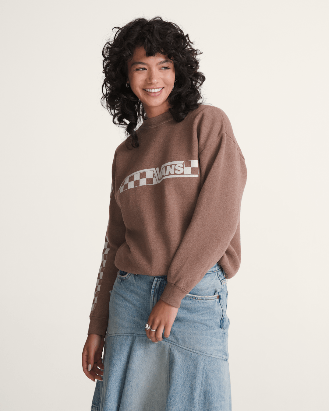 Vans Waffle Shop Checkerboard Vans Style Crew Sweatshirt in Brown