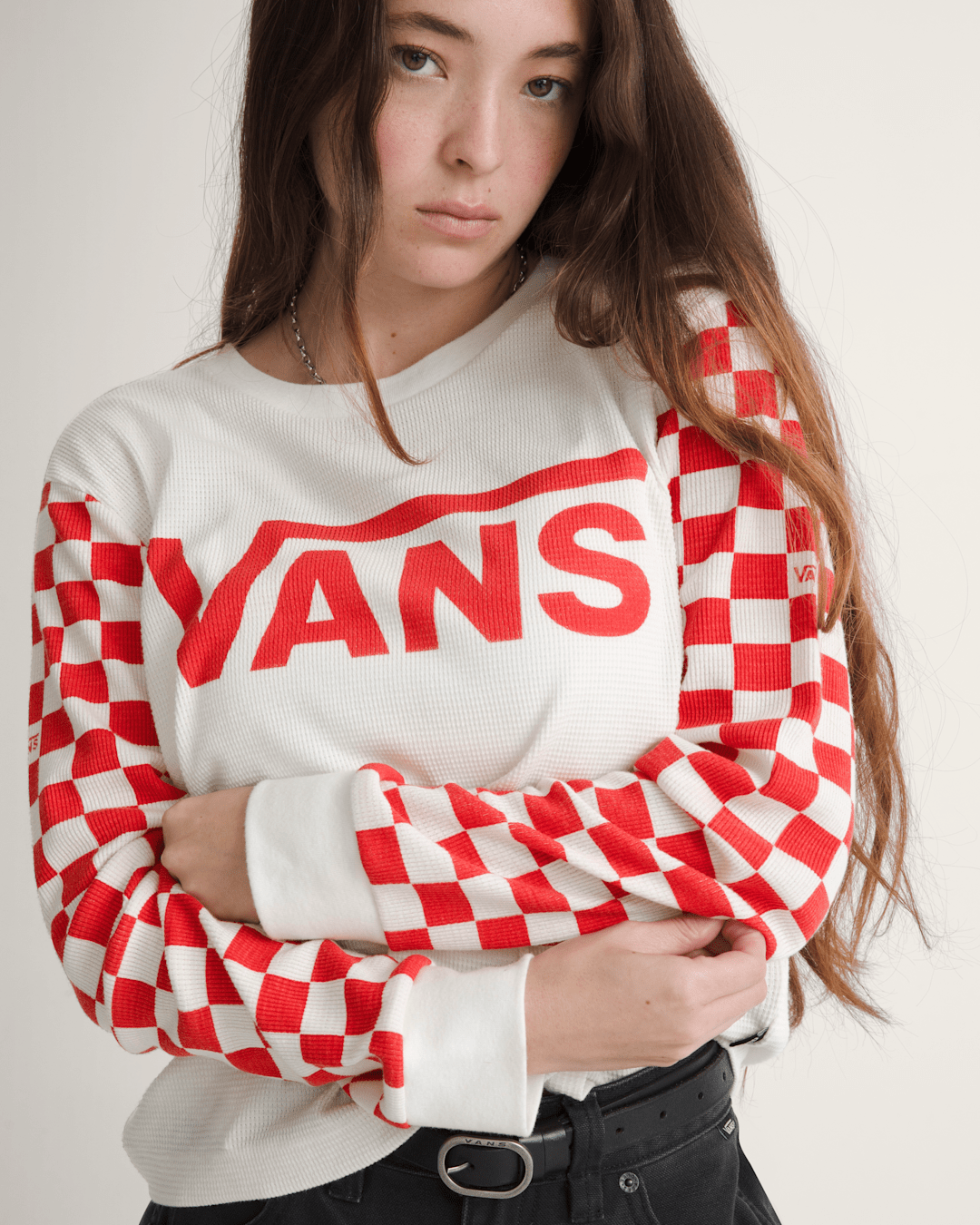 Vans Checkerboard Long Sleeve Shirt in Marshmallow White / Red