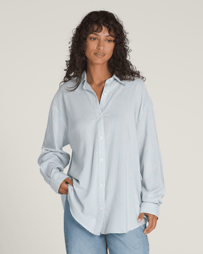 Vans Gillian Striped Button Up Shirt in White / Crystal Blue