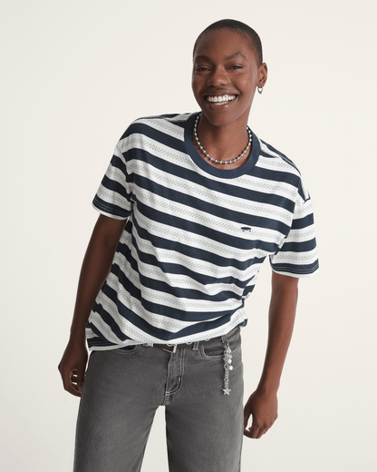 Vans Salton Stripe Checkerboard T-Shirt in Checkerboard Marshmallow White / Navy Blue