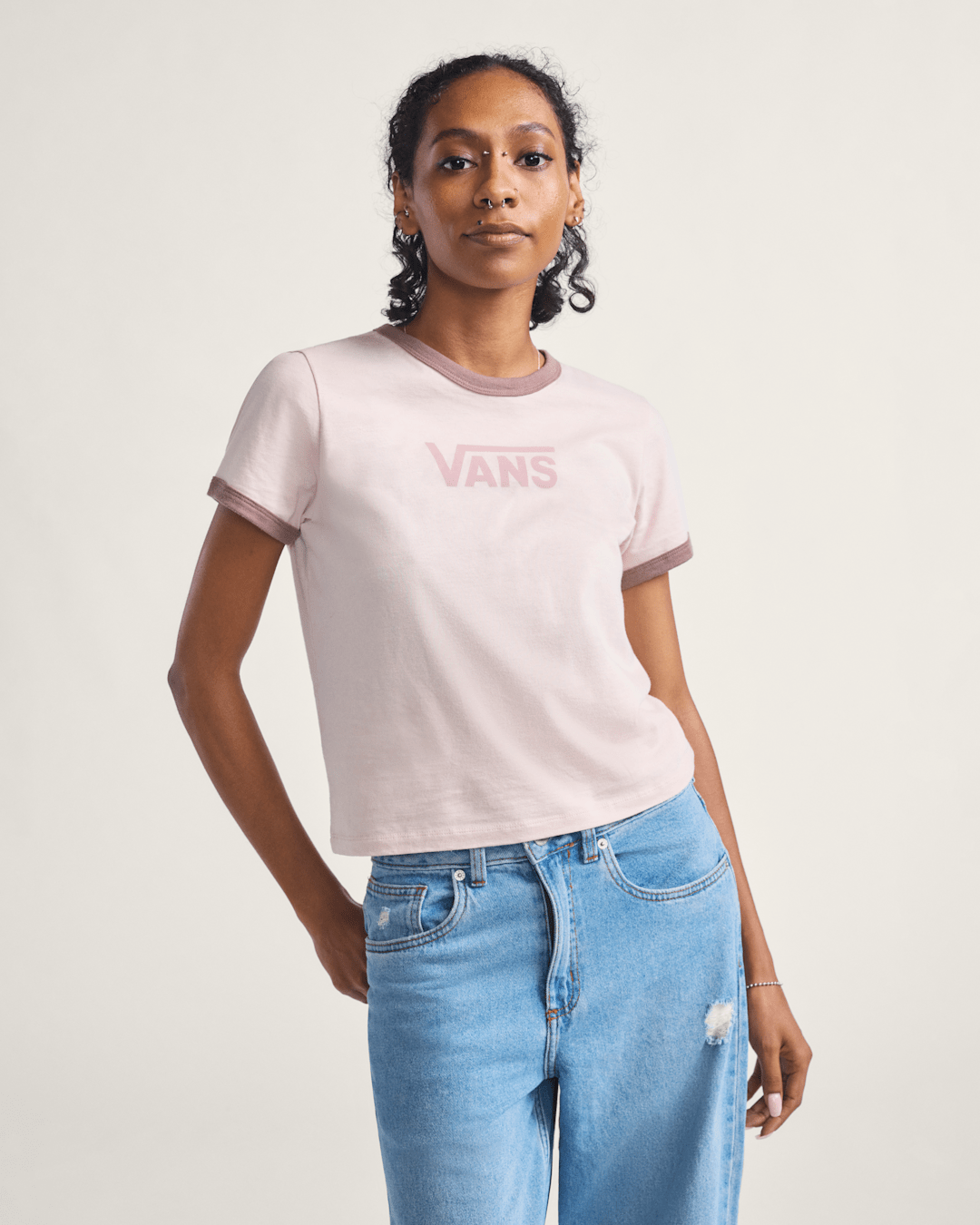 Vans Drop V Ringer T-Shirt in Sepia Rose Pink