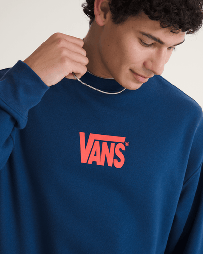 Vans Stretch Logo Crew Sweatshirt in Deep Indig Blue / Flame Red
