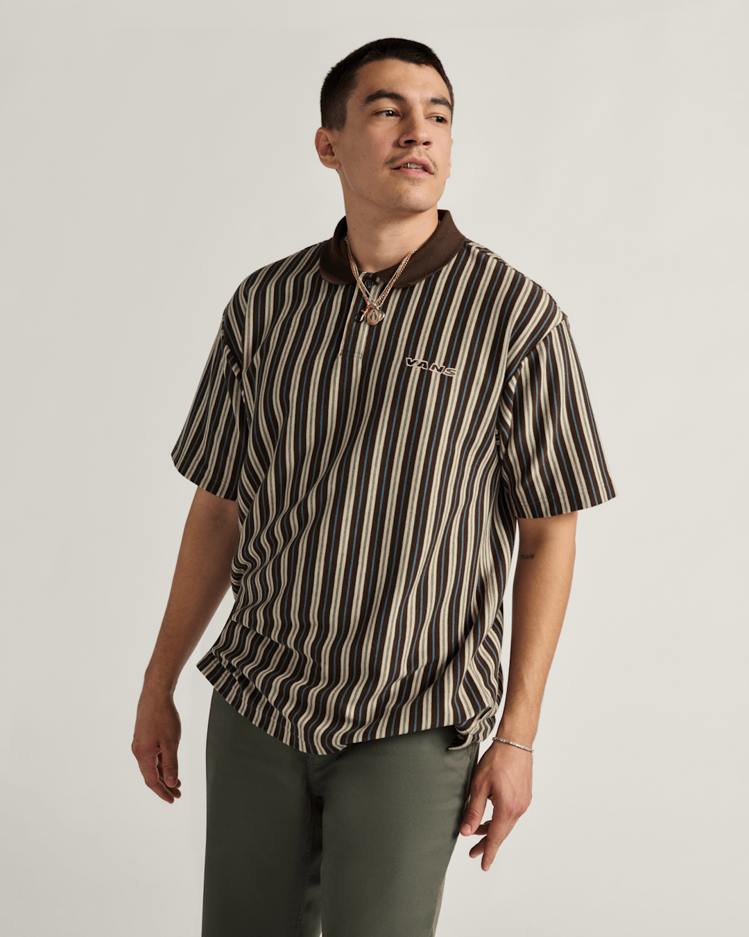 Vans Layton Stripe Polo Shirt in Demitasse Brown