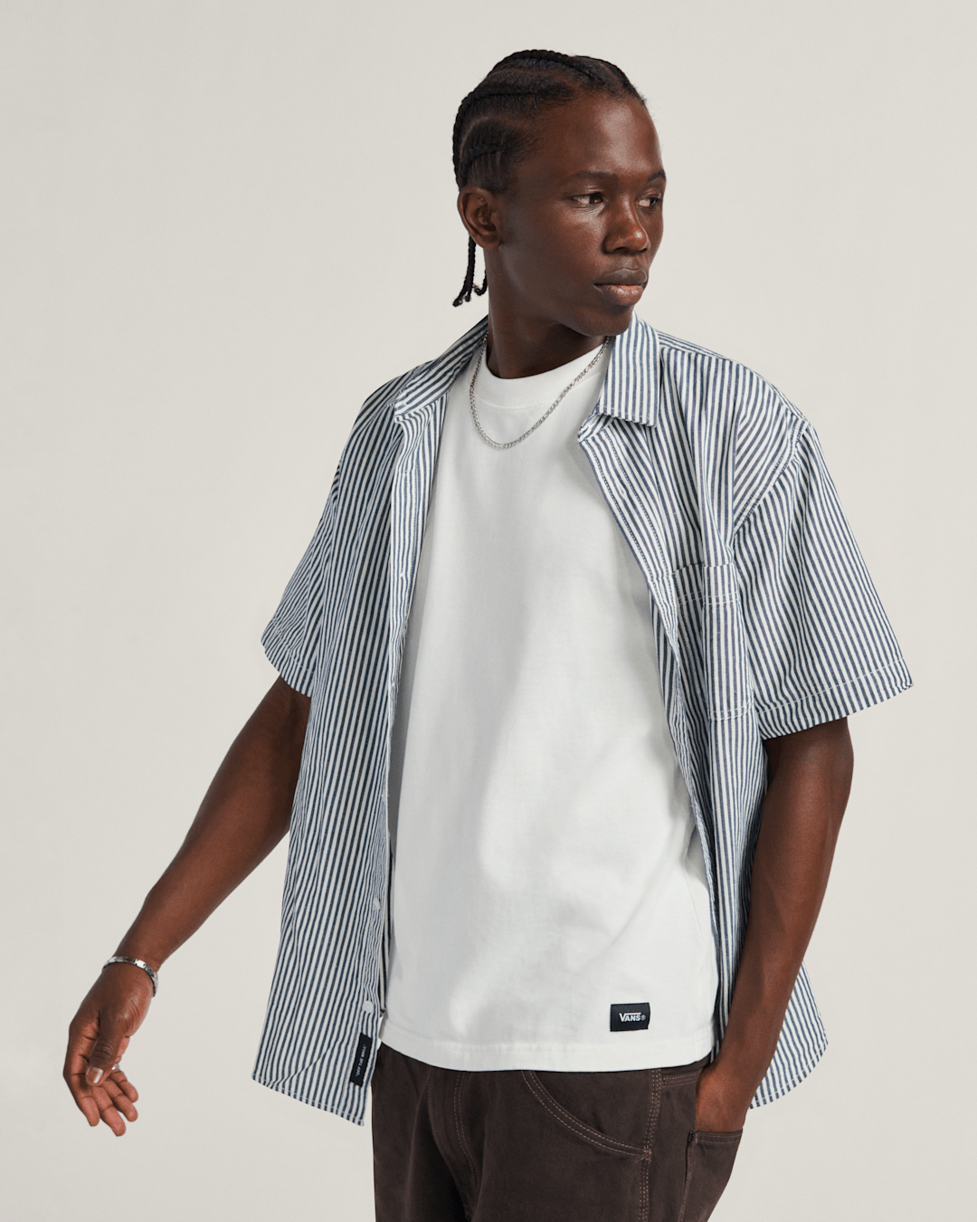 Vans Lawson Stripe Button Up Shirt in White / Dress Blues
