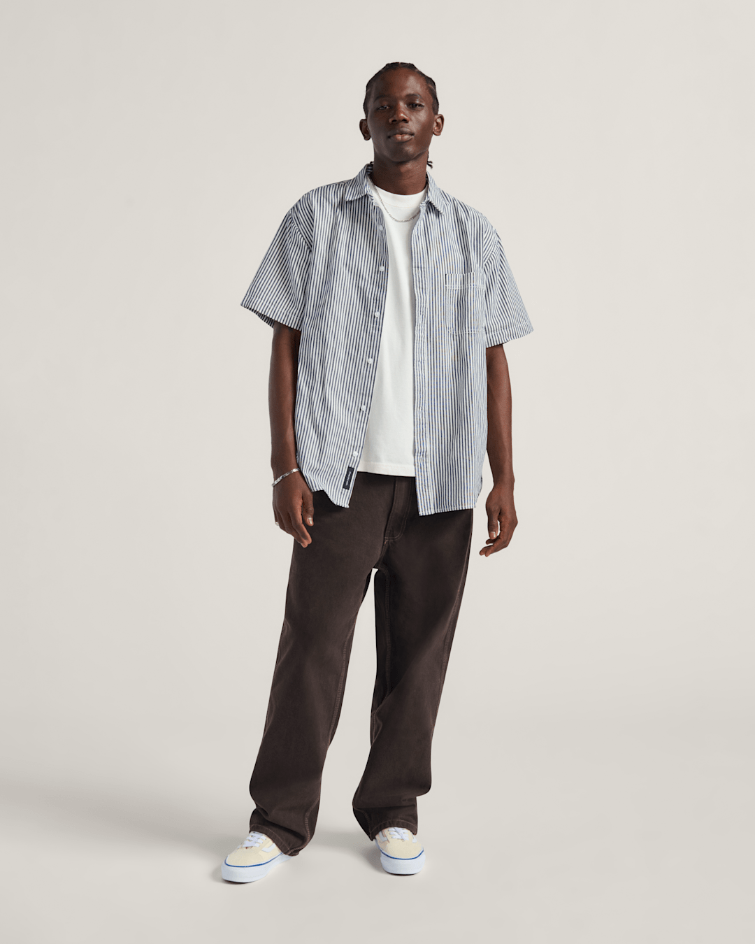 Vans Lawson Stripe Button Up Shirt in White / Dress Blues