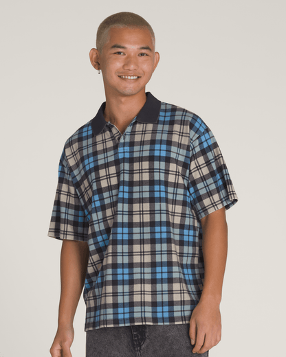 Vans Bellmoor Plaid Polo Shirt in Parisian Night Blue / London Fog Grey