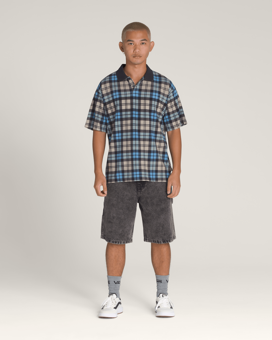 Vans Bellmoor Plaid Polo Shirt in Parisian Night Blue / London Fog Grey