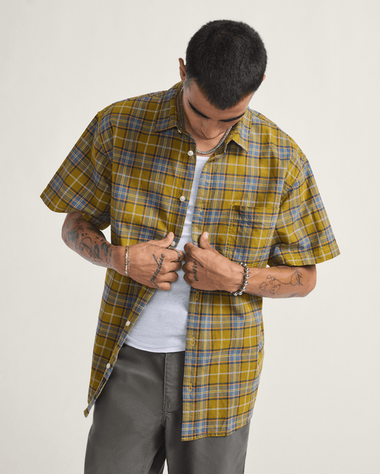 Vans Lawson Plaid Button Up Shirt in Burnt Gold Yellow / Stormy Weather Blue
