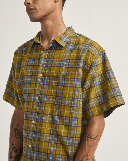 Vans Lawson Plaid Button Up Shirt in Burnt Gold Yellow / Stormy Weather Blue