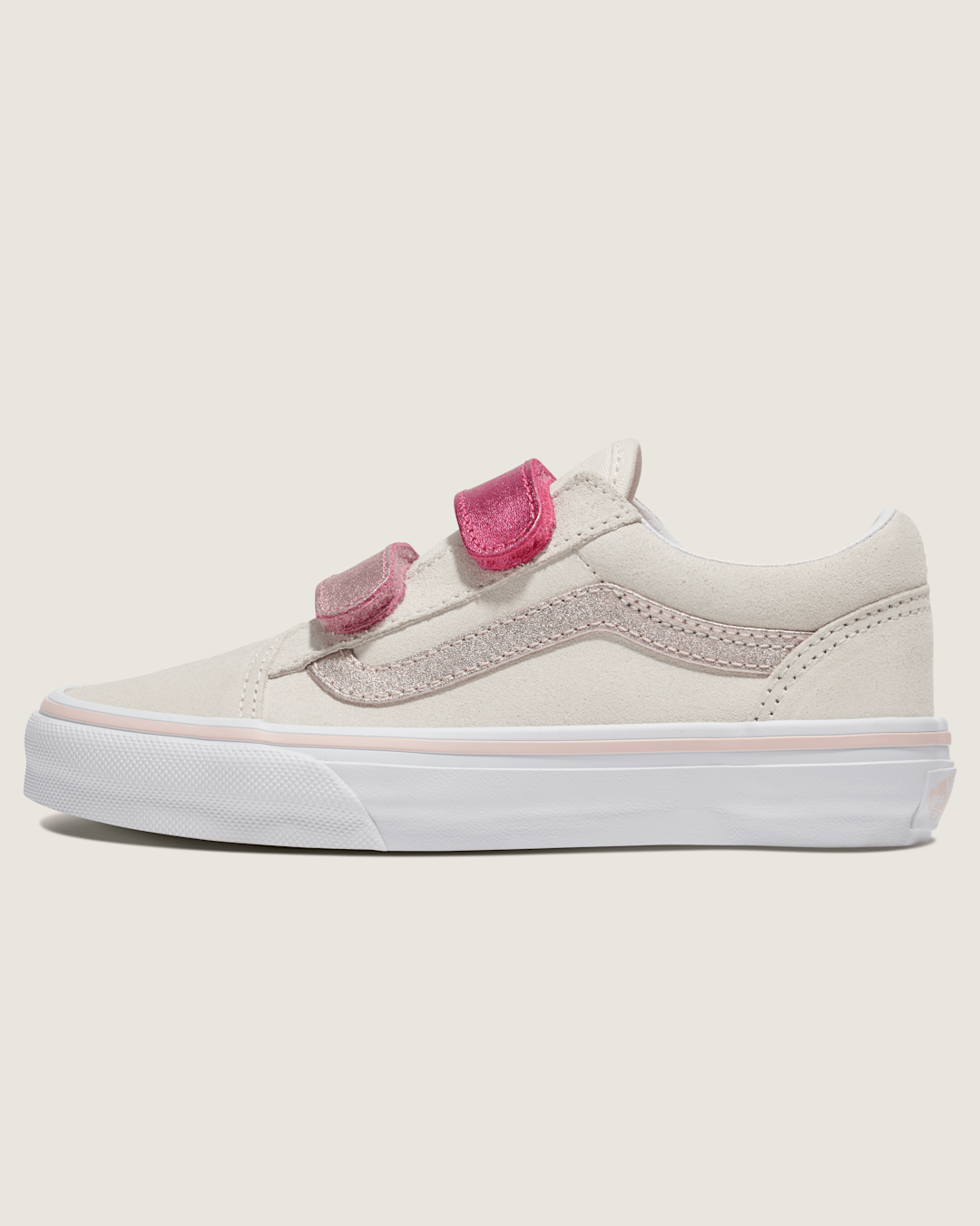 Vans Little Kids Old Skool V Shoe in Marshmallow White / Metallic Pink