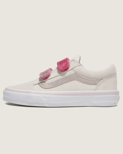 Vans Little Kids Old Skool V Shoe in Marshmallow White / Metallic Pink