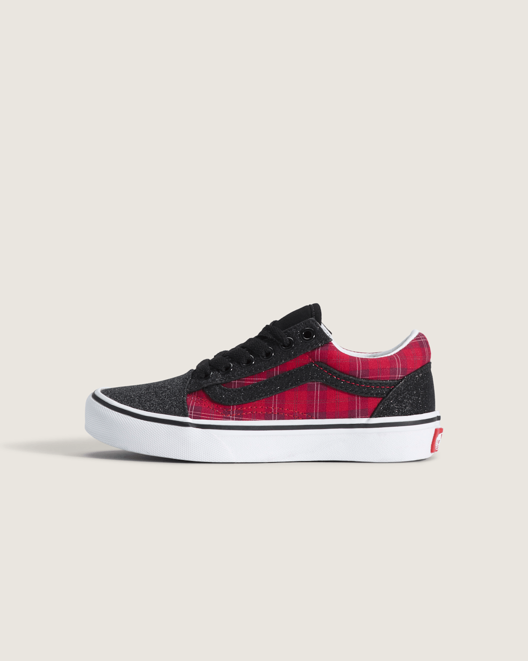 Vans Little Kids Old Skool Shoe in Glitter Plaid Red / Black
