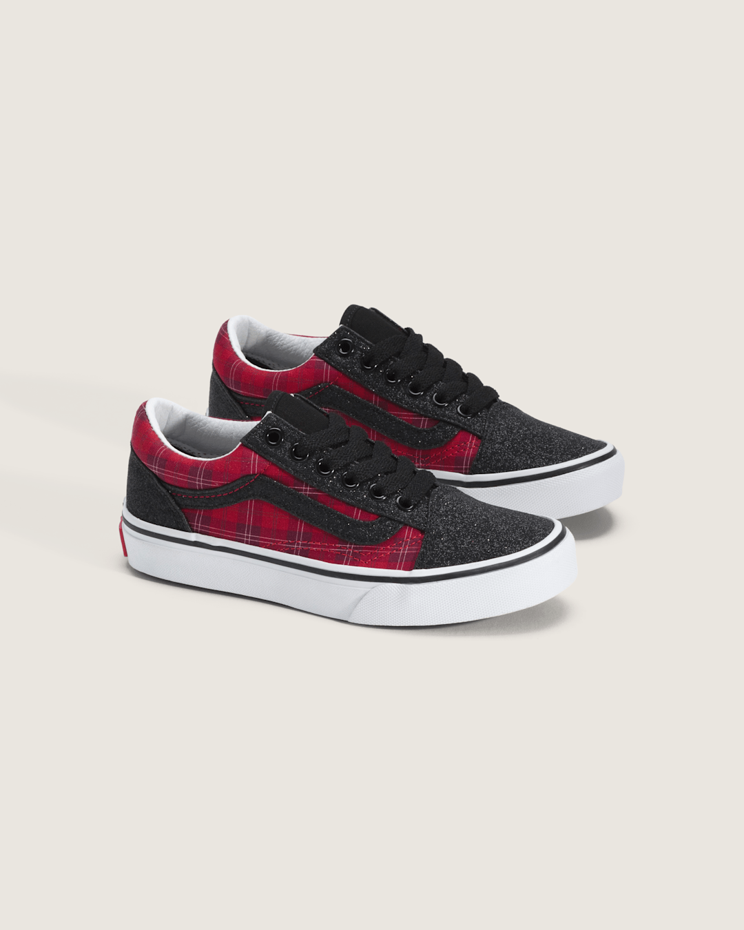 Vans Little Kids Old Skool Shoe in Glitter Plaid Red / Black