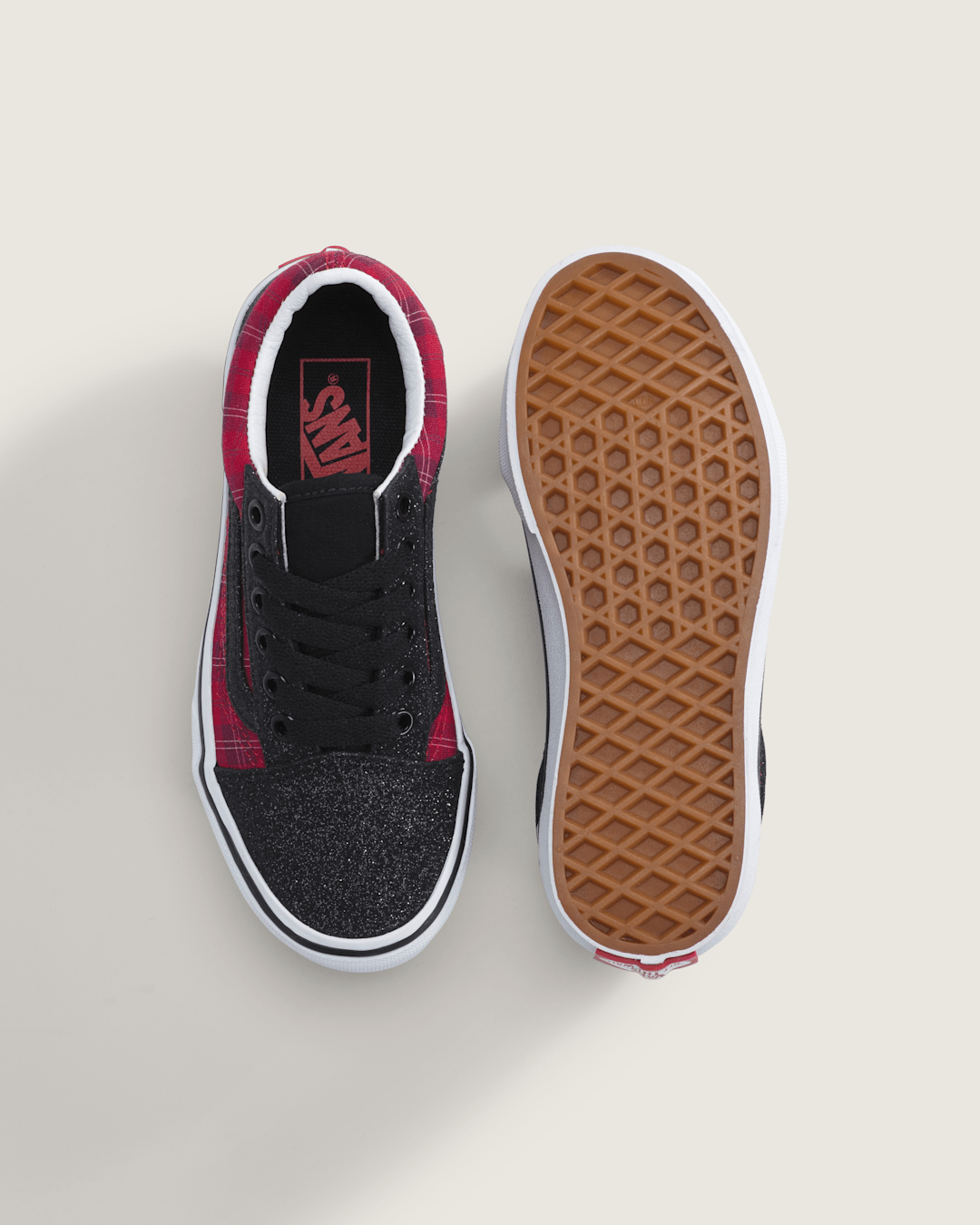 Vans Little Kids Old Skool Shoe in Glitter Plaid Red / Black