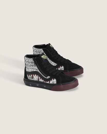 Vans Little Kids Sk8-Hi Side Zip Halloween Shoe in In the Shadows Black / Port Red