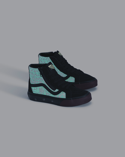 Vans Little Kids Sk8-Hi Side Zip Halloween Shoe in In the Shadows Black / Port Red