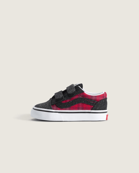 Vans Toddler Old Skool V Shoe in Glitter Plaid Red / Black