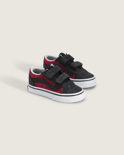 Vans Toddler Old Skool V Shoe in Glitter Plaid Red / Black