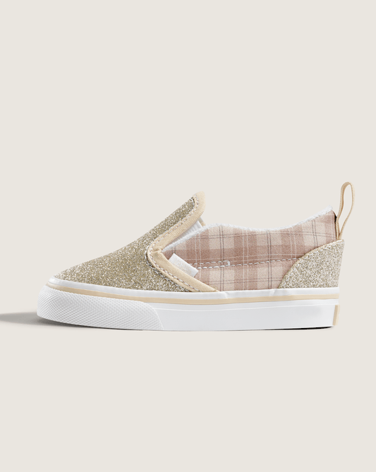 Vans Toddler Classic Slip-On V Shoe in Glitter Plaid Incense Brown