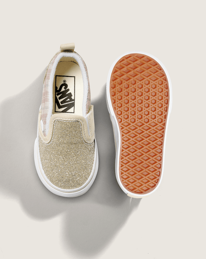 Vans Toddler Classic Slip-On V Shoe in Glitter Plaid Incense Brown