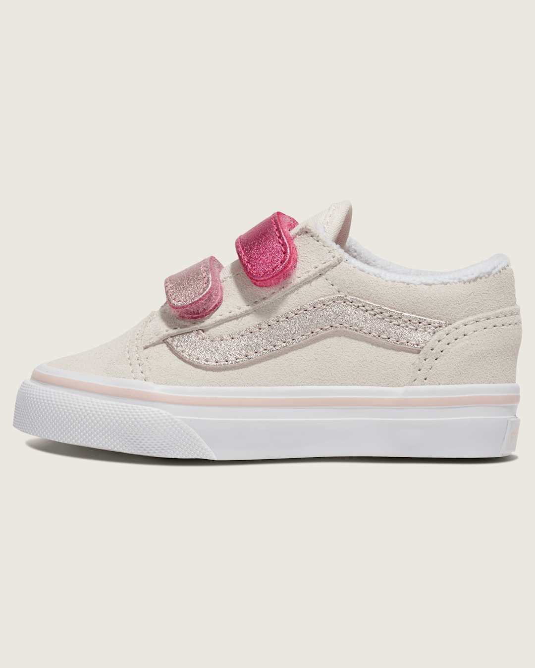 Vans Toddler Old Skool V Shoe in Metallic Marshmallow White / Pink