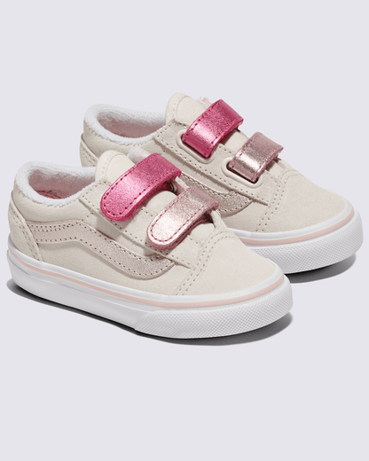 Vans Toddler Old Skool V Shoe in Metallic Marshmallow White / Pink