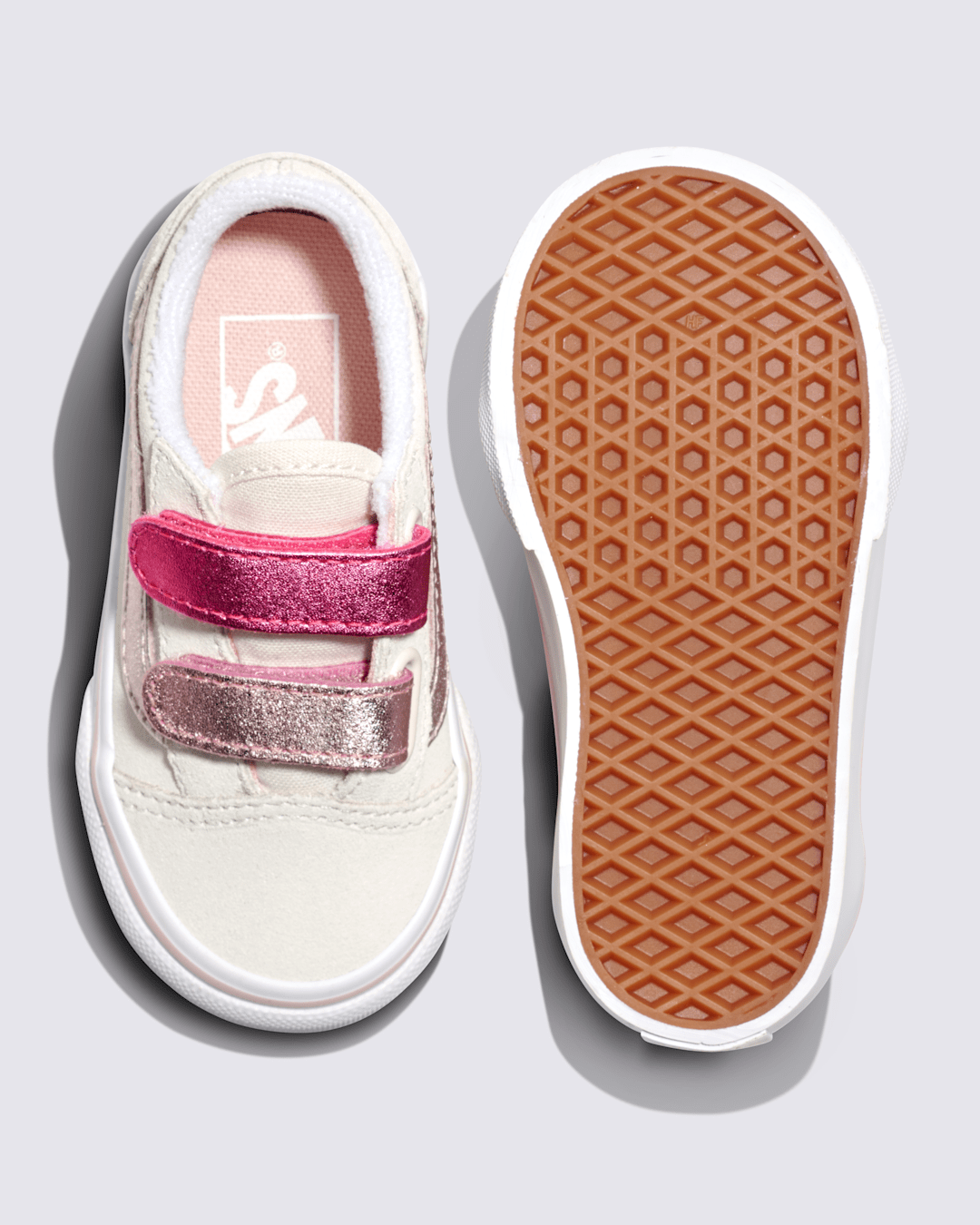 Vans Toddler Old Skool V Shoe in Metallic Marshmallow White / Pink