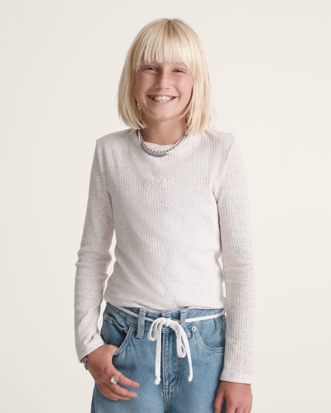 Vans Kids Teri Confetti Rib Long Sleeve Shirt in Marshmallow White