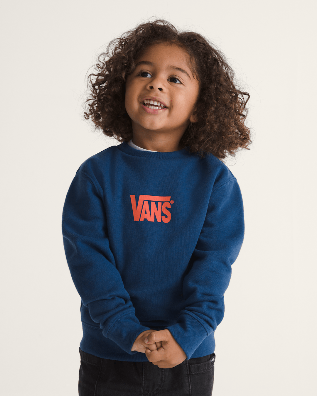 Vans Little Kids Stretch Logo Crew Sweatshirt in Deep Indigo Blue / Flame Red