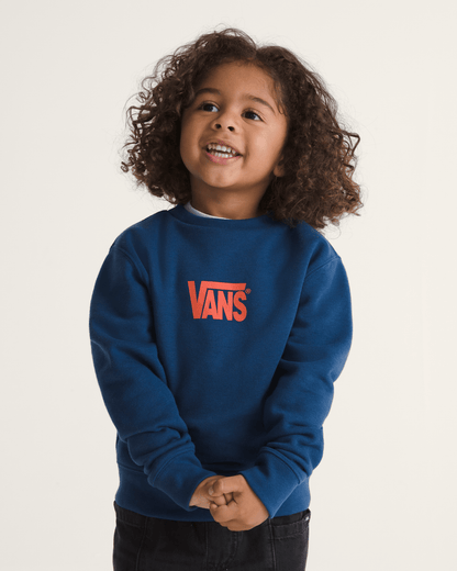 Vans Little Kids Stretch Logo Crew Sweatshirt in Deep Indigo Blue / Flame Red